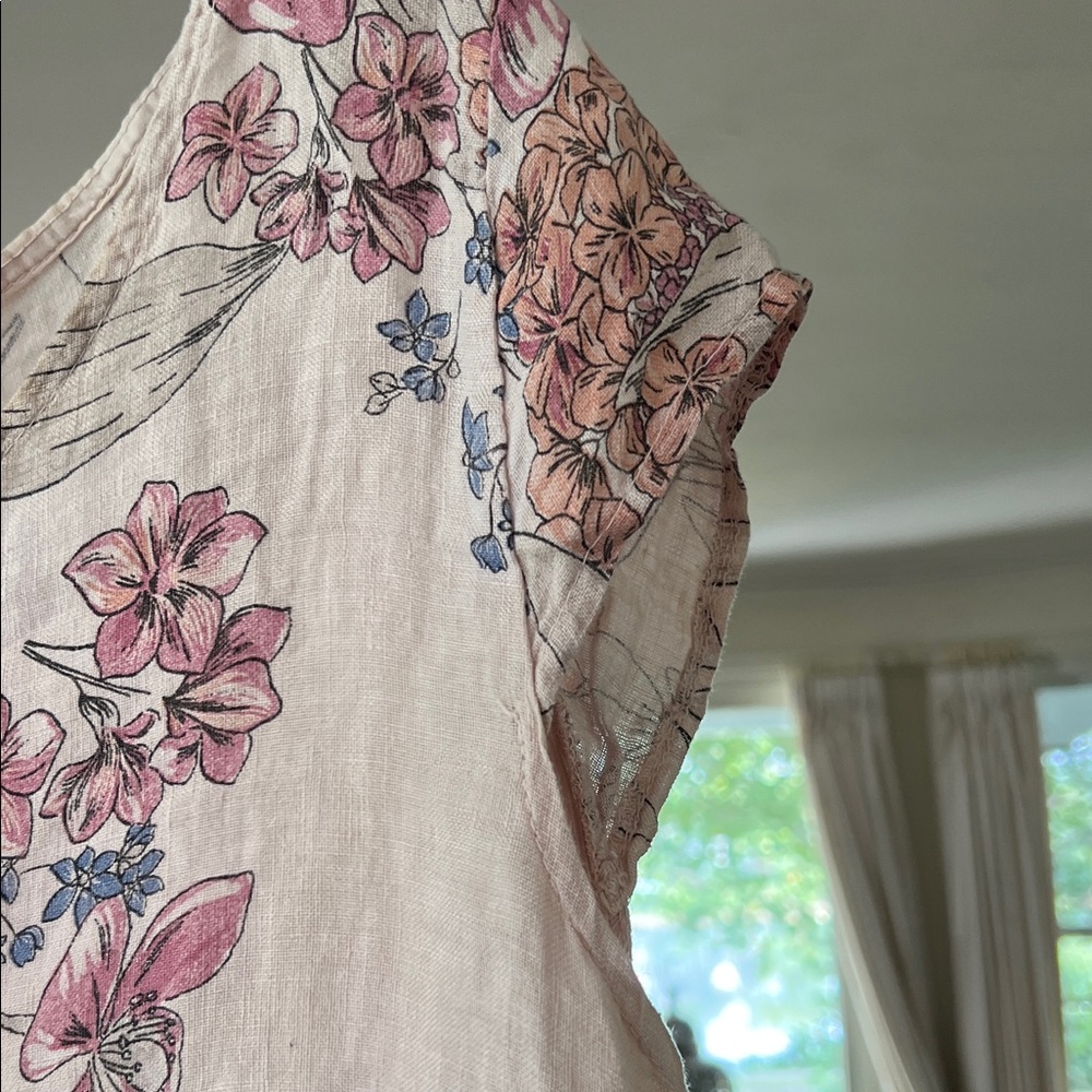 Floral Pink Midi Dress 100% Linen Size XL